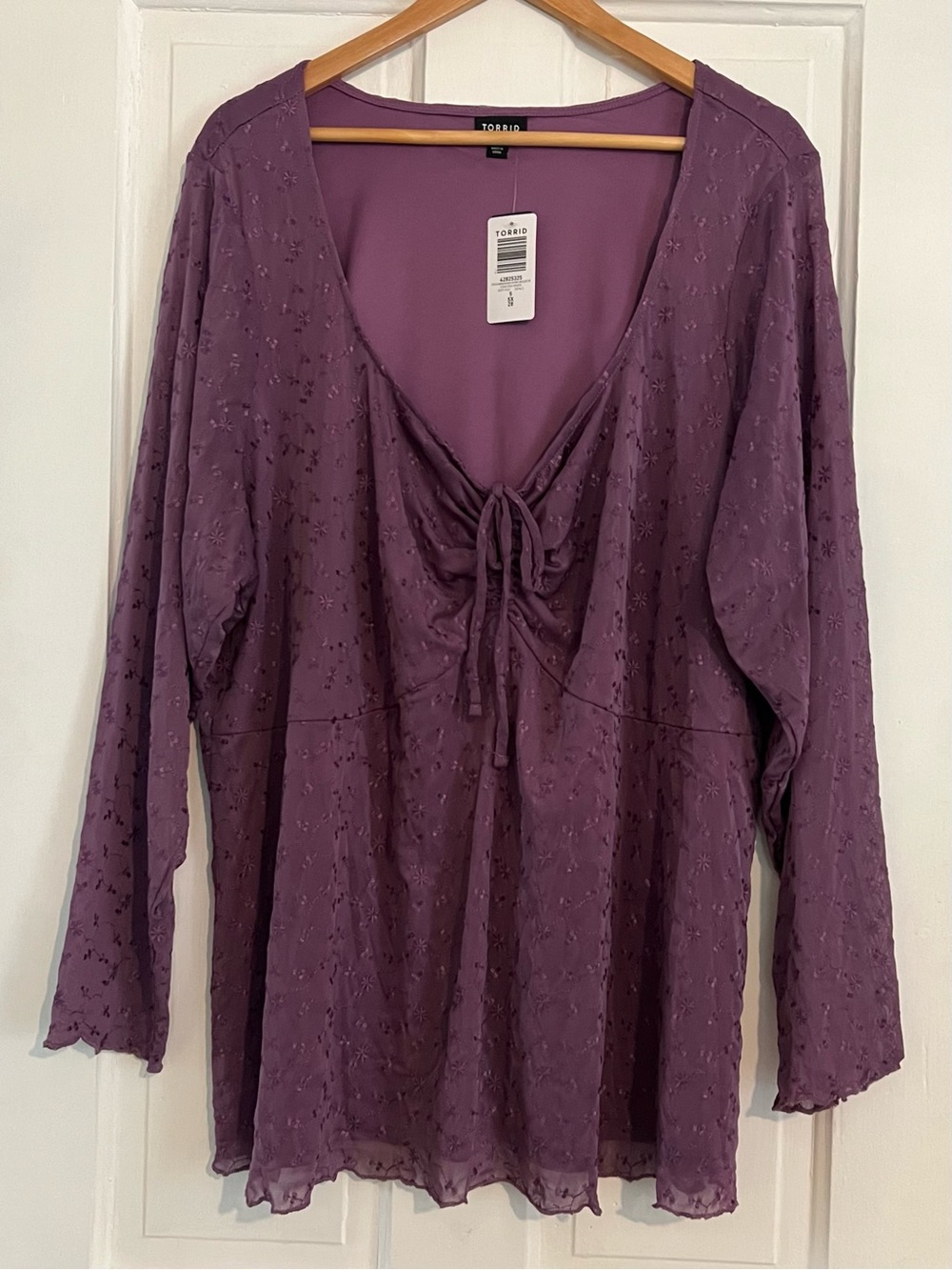 NWT Torrid Purple Eyelet Babydoll Top Long Sleeve V-Neck Cinch Bust Size 5 5X
